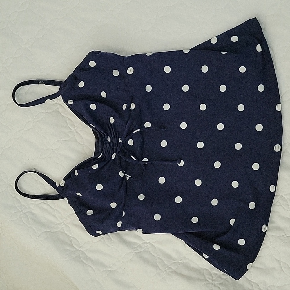 Lands' End Navy Blue and White Polka Dot Tankini Top